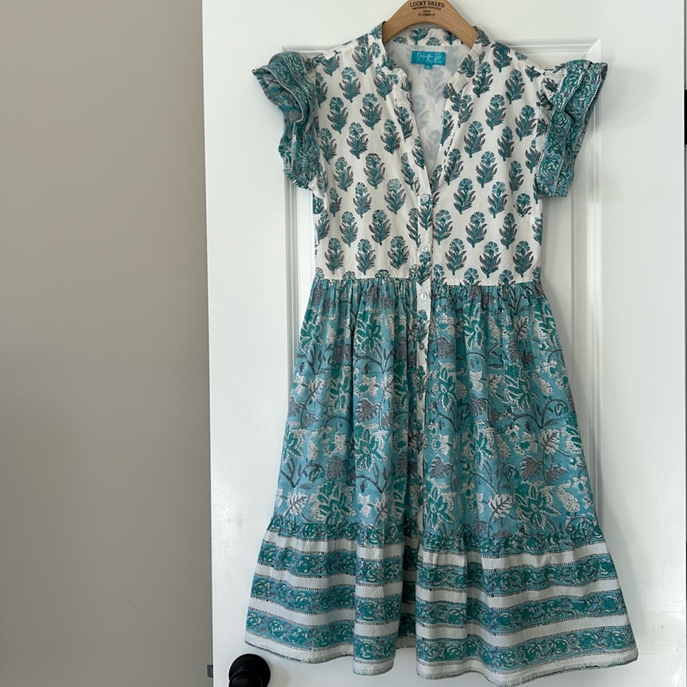 Darlington Isle Mixed Batik Prints Midi Dress Flutter Sleeves Abalone Buttons